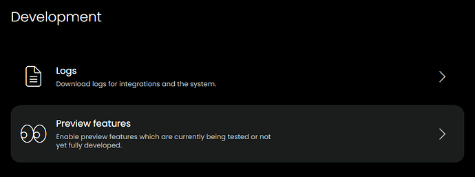 Development settings screen