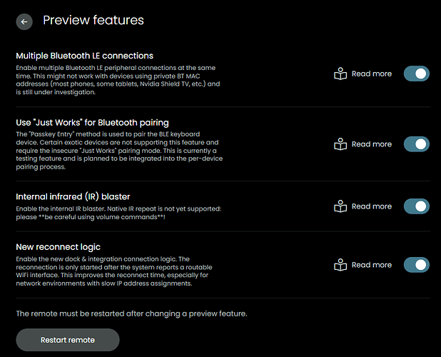 Preview Features settings screen
