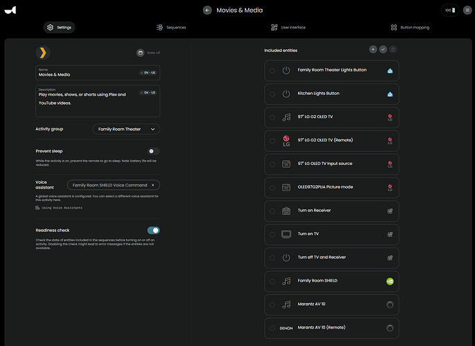 Activity settings screen