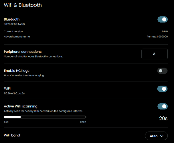Wifi & Bluetooth settings screen